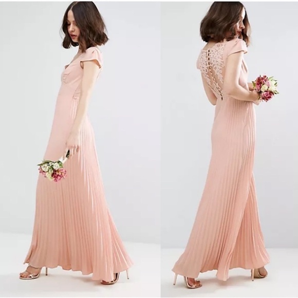 ASOS WEDDING Lace Back Pleated Maxi Dress In Nude- Size:4) - Picture 1 of 14